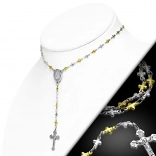 Dvoubarevný náhrdelník s křížem a medailonem Panny Marie, řetízek z křížků