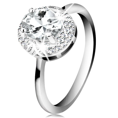 Rhodiovaný prsten ze stříbra 925, velký čirý zirkonový ovál, lístečky - Velikost: 60