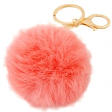 Přívěsek na klíče - růžový chlupatý míček, karabinka zlaté barvy