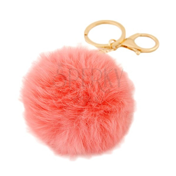 Přívěsek na klíče - růžový chlupatý míček, karabinka zlaté barvy