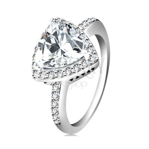 Stříbrný prsten 925, čirý trojúhelníkový zirkon, blýskavý lem, výřezy