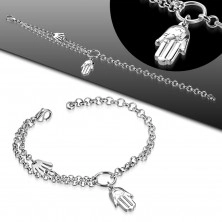 Ocelový náramek stříbrné barvy, dvě ruce Fatimy, kruh a dvojitý řetízek