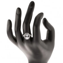 Stříbrný prsten 925, rozdvojená ramena, velká broušená slza, zvlněný lem