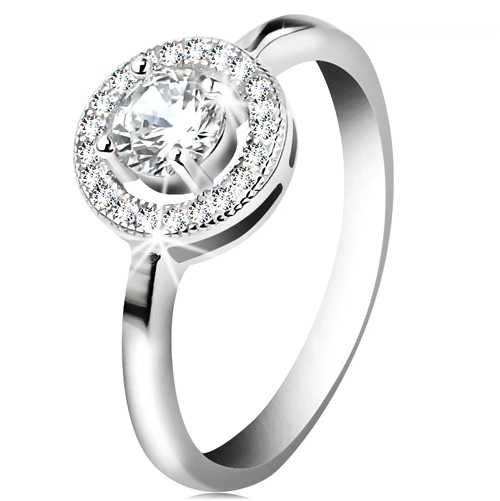 Zásnubní prsten ze stříbra 925, kulatý čirý zirkon v blýskavém kroužku - Velikost: 50