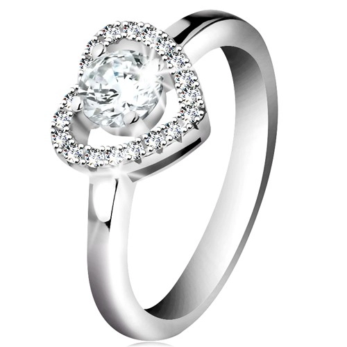 Rhodiovaný prsten, stříbro 925, blýskavá kontura srdce a kulatý zirkon čiré barvy - Velikost: 47