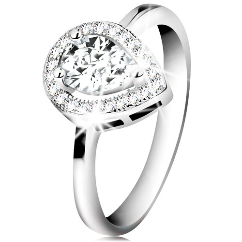 Rhodiovaný prsten, stříbro 925, čirá zirkonová slza v zářivé kontuře - Velikost: 59