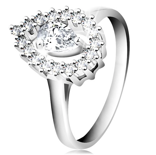 Prsten ze stříbra 925, kontura velké obrácené kapky s čirou slzičkou - Velikost: 56