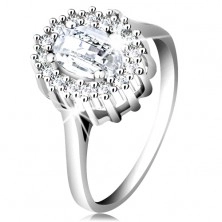 Zásnubní prsten ze stříbra 925, oválný broušený zirkon, lem z drobných zirkonků