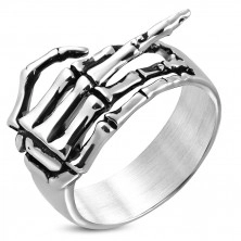 Prsten z chirurgické oceli - kostra ruky se zdviženým prstem, patina