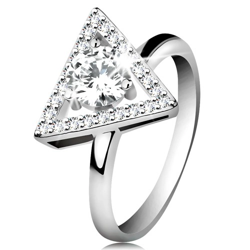 Stříbrný 925 prsten - zirkonový obrys trojúhelníku, kulatý čirý zirkon uprostřed - Velikost: 53