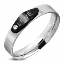 Ocelový prsten stříbrné barvy, černý ovál s nápisem LOVE a zirkonem