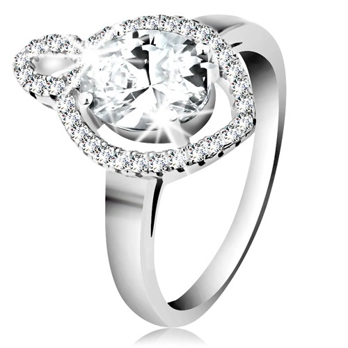 Prsten ze stříbra 925, oválný čirý zirkon s blýskavým lemem, malý obrys zrnka - Velikost: 59