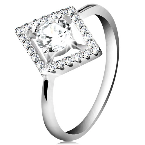 Stříbrný prsten 925, čirý kulatý zirkon v třpytivém obrysu kosočtverce - Velikost: 59