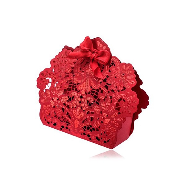 Červená dárková taštička s květinovými ornamenty, výřezy a mašlí