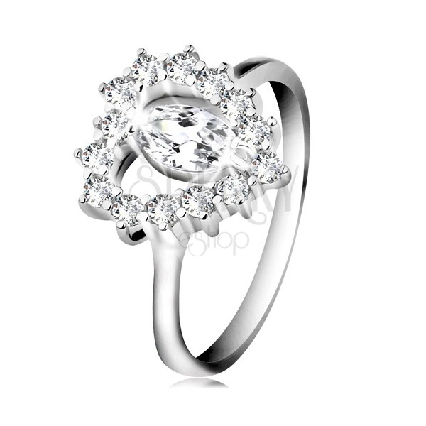 Stříbrný 925 prsten, broušené zirkonové zrnko, srdcovitý obrys, čiré zirkony
