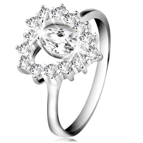 Stříbrný 925 prsten, broušené zirkonové zrnko, srdcovitý obrys, čiré zirkony - Velikost: 52
