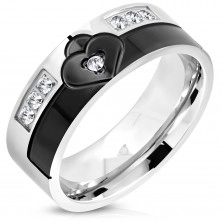 Prsten z chirurgické oceli černé a stříbrné barvy, srdce se zirkonem, 8 mm