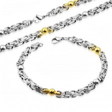 Ocelový set - náhrdelník a náramek, dvoubarevné články, lesklé kuličky