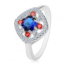 Stříbrný prsten 925, tmavě modrý střed, čiré a červené zirkonky