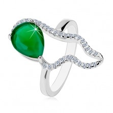 Stříbrný 925 prsten - velká zelená slza ze zirkonu, čirá asymetrická kontura