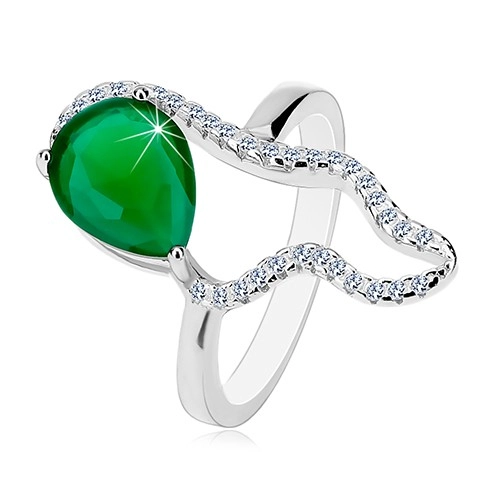 Stříbrný 925 prsten - velká zelená slza ze zirkonu, čirá asymetrická kontura - Velikost: 50