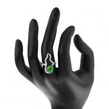 Stříbrný 925 prsten - velká zelená slza ze zirkonu, čirá asymetrická kontura
