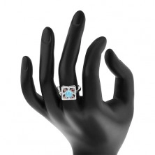 Prsten ze stříbra 925, čirý zirkonový čtverec, světle modrý kruh uprostřed