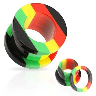 Akrylový tunel do ucha, pruhy červené, žluté, zelené a černé barvy - Tloušťka : 12 mm