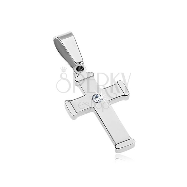 Lesklý ocelový přívěsek stříbrné barvy, berličkový kříž s čirým zirkonem