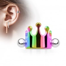 Ocelový piercing do ucha, královská korunka, činka s kuličkami, různé barvy