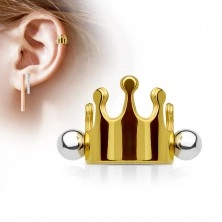 Ocelový piercing do ucha, královská korunka, činka s kuličkami, různé barvy