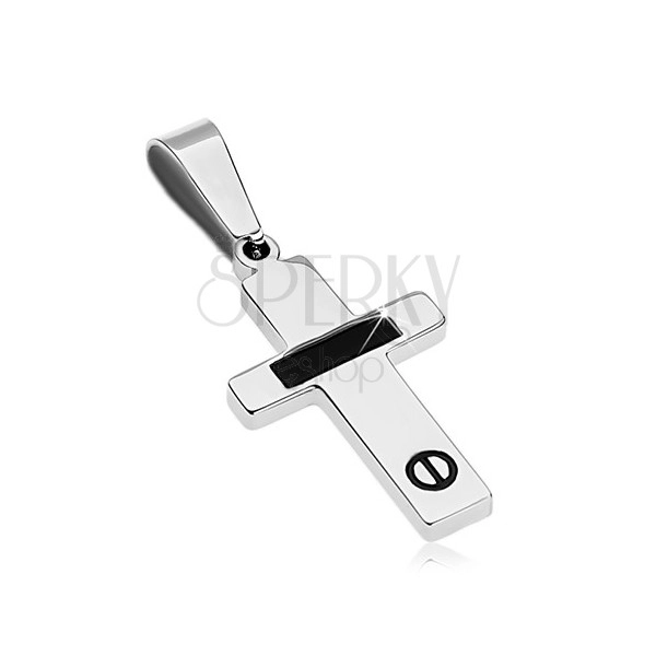 Ocelový přívěsek stříbrné barvy - křížek s černým pásem a šroubkem