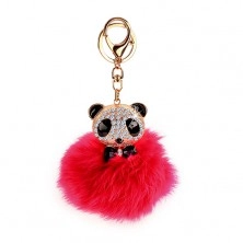 Růžová klíčenka s pandou - kožešinový míček, karabinka zlaté barvy