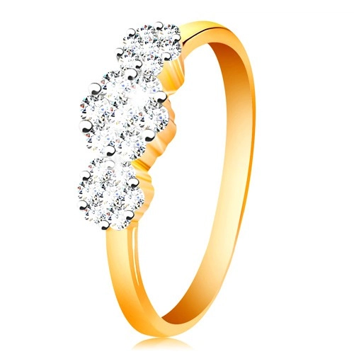 Zlatý prsten 585 - tři blýskavé květy z čirých zirkonů, tenká lesklá ramena - Velikost: 62