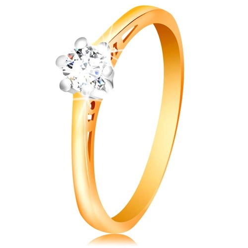 Zlatý 14K prsten - čirý zirkon v kotlíku z bílého zlata, výřezy na ramenech - Velikost: 53