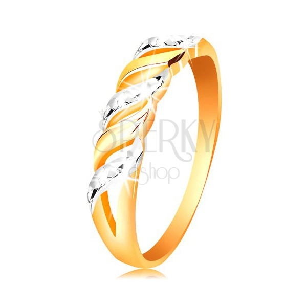 Prsten ze zlata 585 - vlnky z bílého a žlutého zlata, blýskavé zářezy