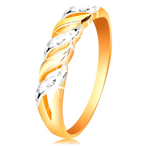 Prsten ze zlata 585 - vlnky z bílého a žlutého zlata, blýskavé zářezy - Velikost: 62