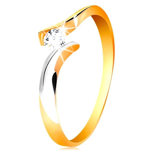Zlatý prsten 585 - kulatý čirý zirkon, dvoubarevná a zvlněná ramena - Velikost: 58