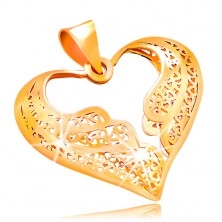 Zlatý přívěsek 585 - filigránové srdce s dvoubarevnými andělskými křídly