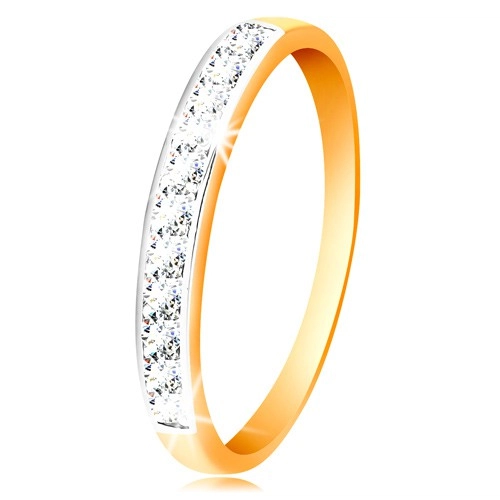 Zlatý 14K prsten - blýskavý pás z čirých zirkonů s obrubou z bílého zlata - Velikost: 50