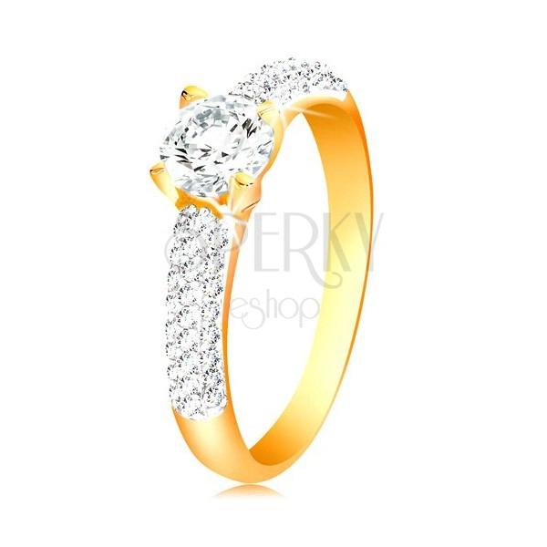 Zlatý 14K prsten - třpytivá ramena, vyvýšený kulatý zirkon čiré barvy