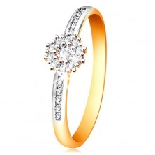 Prsten z kombinovaného 14K zlata - čirý blýskavý kvítek, zirkonová ramena