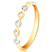 Zlatý 14K prsten - dvoubarevná zrnka se vsazenými zirkony, vysoký lesk