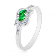 Stříbrný 925 prsten, zelená zirkonová zrnka v čiré kontuře, rhodiovaný