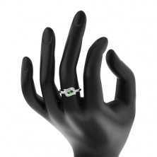 Stříbrný 925 prsten, zelená zirkonová zrnka v čiré kontuře, rhodiovaný