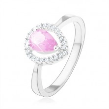 Prsten ze stříbra 925, světle růžová zirkonová slza, třpytivá kontura
