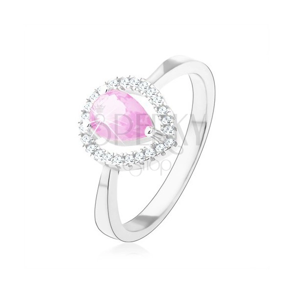 Prsten ze stříbra 925, světle růžová zirkonová slza, třpytivá kontura