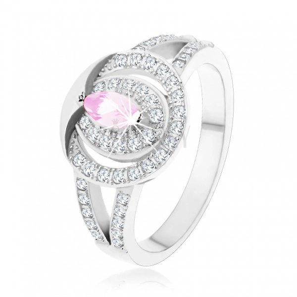 Stříbrný 925 prsten, čirý zirkonový kroužek se  světle růžovým zirkonem