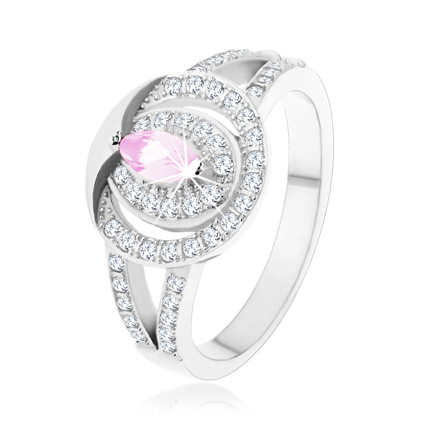 Stříbrný 925 prsten, čirý zirkonový kroužek se  světle růžovým zirkonem - Velikost: 57