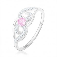 Stříbrný prsten 925, asymetricky zatočené linie, světle růžový kulatý zirkon
